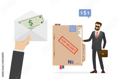 Secret agent holds folder with red stamp - top secret. Spy man or politician sells secret documents. State or industrial espionage. Corruption, bribes, illegal activities.