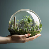 World environment day concept, human hand holding a city scenery, Small world, photo use for travel or save world, Green ecology concept illustration, advertising, poster, cover, Generative ai.