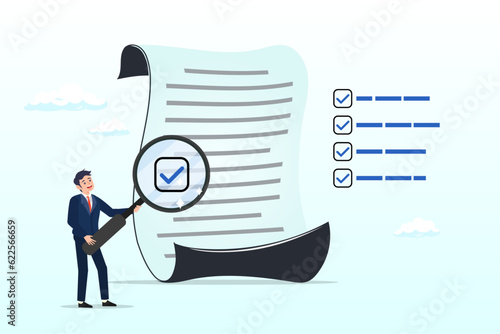 Businessman with magnifier inspect document, inspect or review document, report or legal audit, quality assurance, search for document, information or research, investigate, proof or checking (Vector)