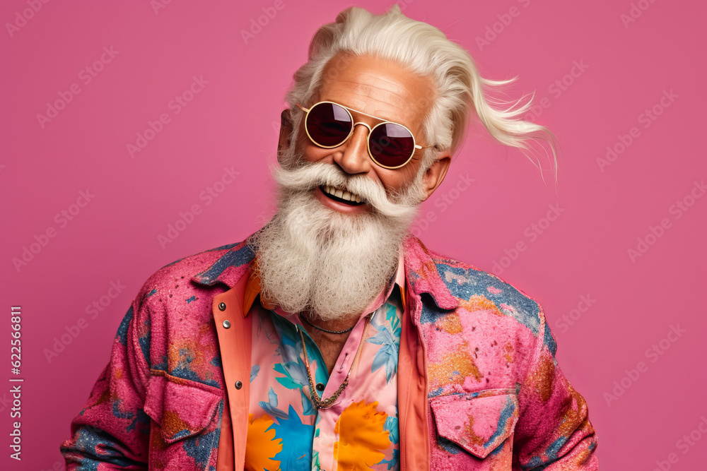 Man with white beard wearing sunglasses and pink shirt with flower print on it. Generative AI.