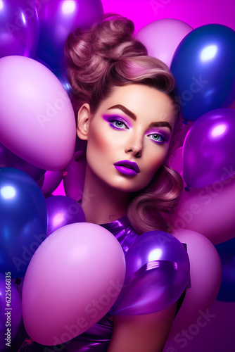 Woman with purple makeup and purple balloons around her head and her hair in bun. Generative AI.