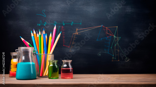 colored pencils and test tubes on blackboard background, generative ai