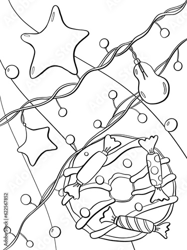 Fototapeta Naklejka Na Ścianę i Meble -  contour line illustration cartoon style coloring page holiday new year garland stars lights and sweet donut flatlay printable
