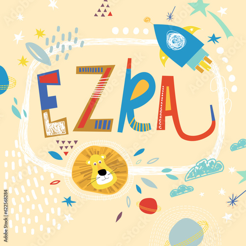 Tablou pe pânză Bright card with beautiful name Ezra in planets, lion and simple forms