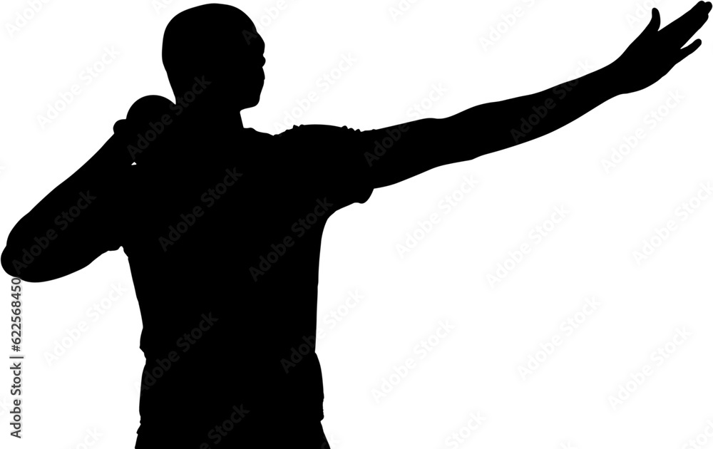 Digital png silhouette image of male athlete throwing shot from shoulder on transparent background