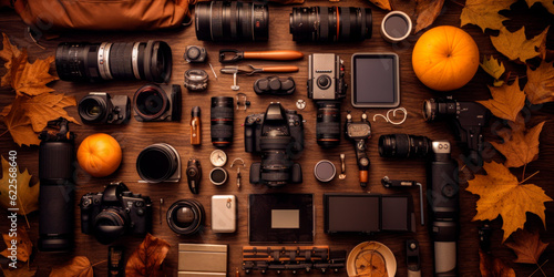 autumn photo equipment, knolling photography equipment. Created with generative AI technology.
