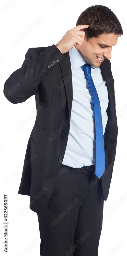 Digital png photo of happy caucasian businessman scratching head on transparent background Digital png photo of happy caucasian businessman scratching head on transparent background