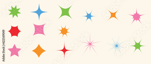 Set of figures  shapes and stars in abstract modern style. Stylish stars for web resources  banners and posters. Collection of contemporary figure  sparkle  flower in 70s groovy style. Geometry