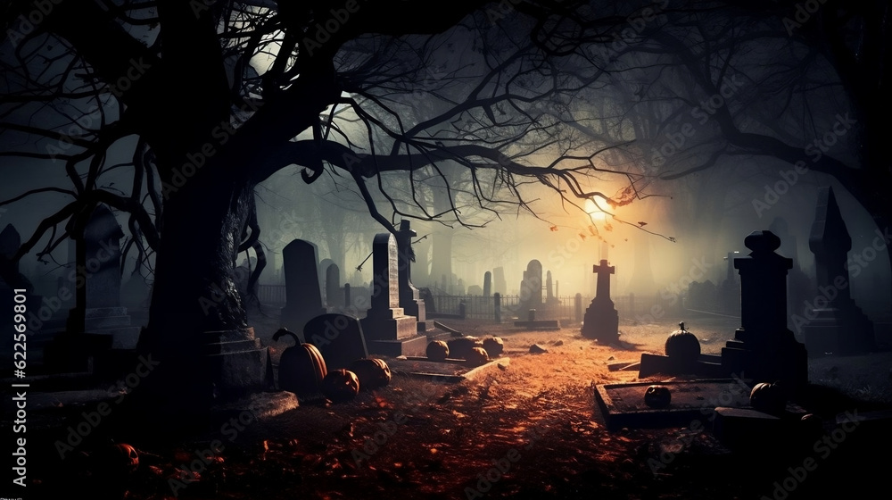 Halloween night scene in a cemetery