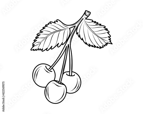 Cherries. Fruit. Contour drawing. Coloring book for children. Icon. White background.  Concept for design, teaching, printing, for web design. Also used for stickers, templates, stencils.