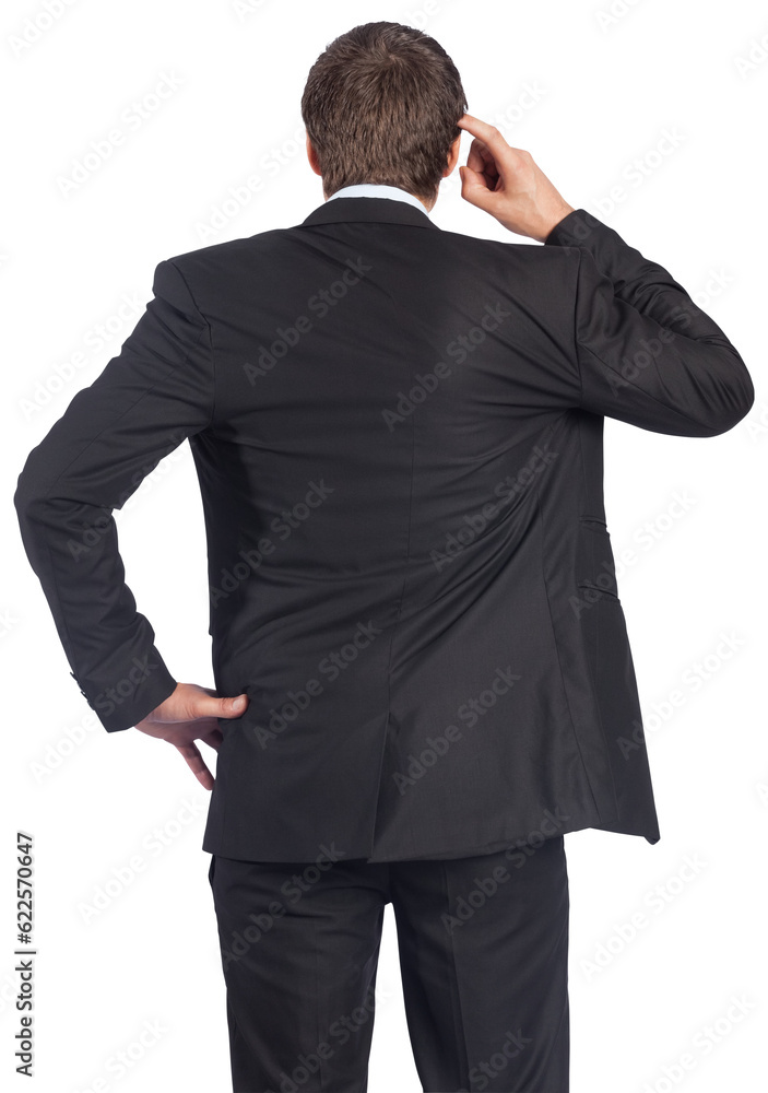 Digital png photo of back view of thinking caucasian businessman on transparent background Digital png photo of back view of thinking caucasian businessman on transparent background