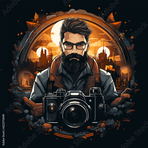 Man with beard holding camera in front of cityscape.