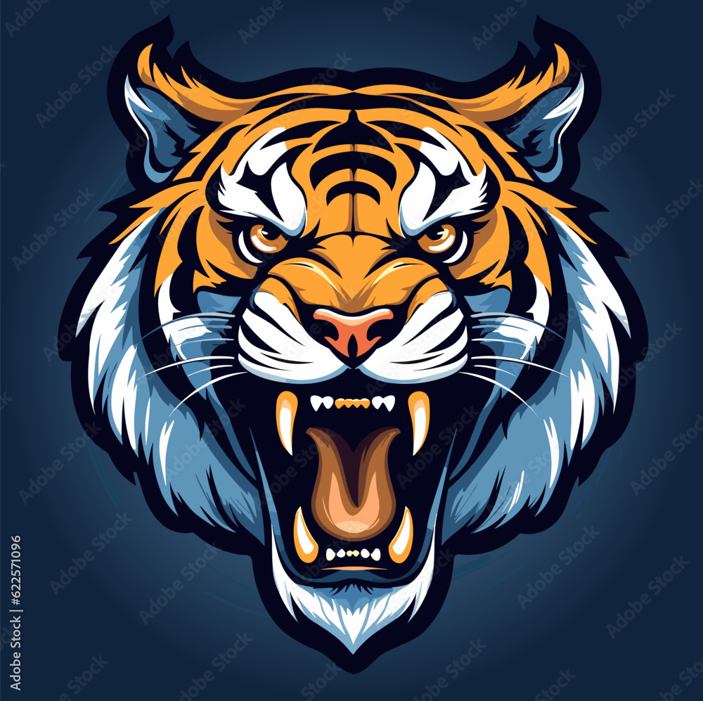 Tiger's head with open mouth on dark blue background.