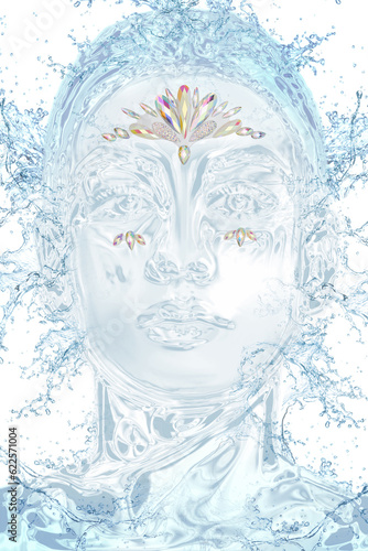 Fototapeta Naklejka Na Ścianę i Meble -  Cropped close-up shot of a splash of water in a form of a woman's face with colored shimmering crystals. Jewel stickers are placed in the shape of a lotus on the woman's forehead.  Side view.