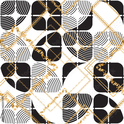 Seamless pattern decorated with precious stones, gold chains and pearls.	