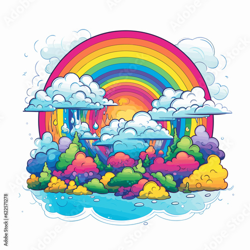 Fototapeta Naklejka Na Ścianę i Meble -  Drawing of rainbow in the sky with clouds and trees in the foreground.