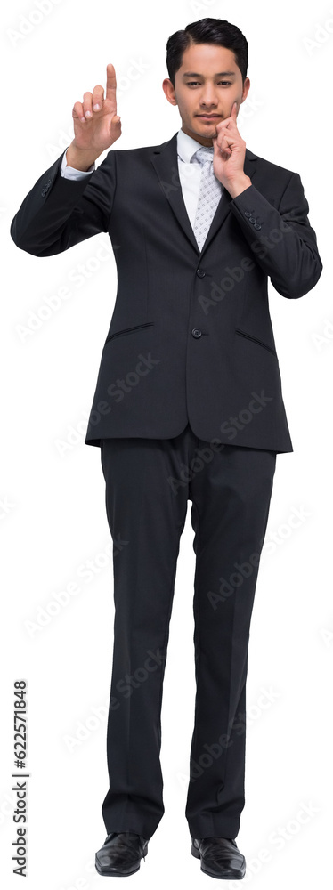 Digital png photo of pensive asian businessman showing index finger on transparent background