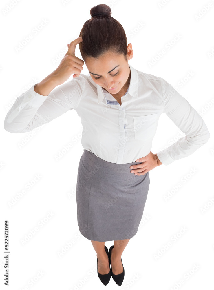 Digital png photo of happy hispanic businesswoman scratching head on transparent background Digital png photo of happy hispanic businesswoman scratching head on transparent background