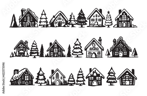 Christmas house and  tree has drawn illustrations, vector.
