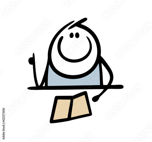 Smart doodle stickman sitting at the table and reeding book. Vector illustration of student doing homework or lesson at school.