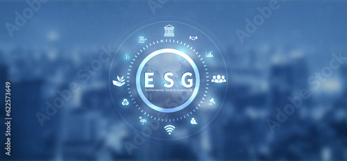 Sustainable business on networked connection vector illustration on blue color background. ESG icon concept .Environmental,Social and Corporate Government.