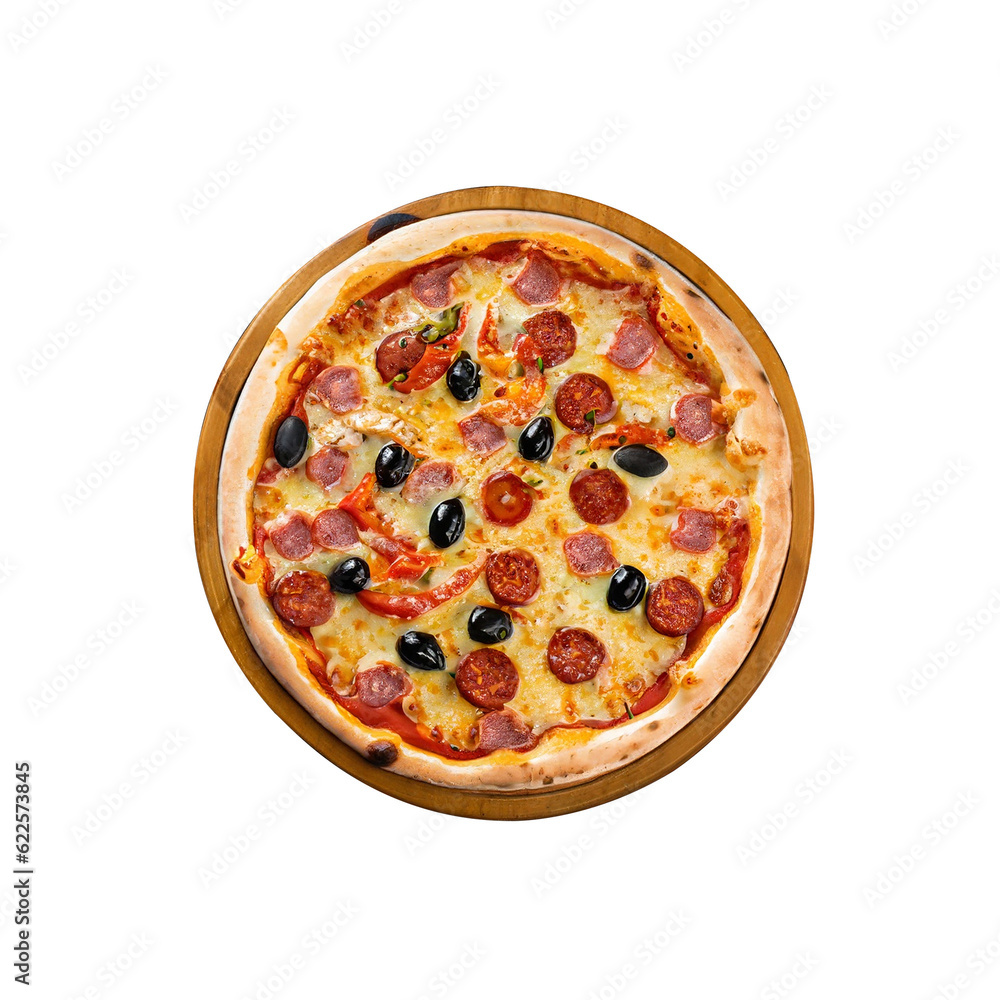 baked delicious pizza with olives sausages and cheese isolated on white background baked delicious pizza with olives sausages and cheese isolated on white background