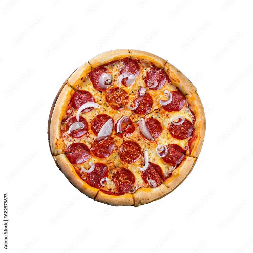 pperoni pizza with mozzarella cheese and red onion on white background pperoni pizza with mozzarella cheese and red onion on white background