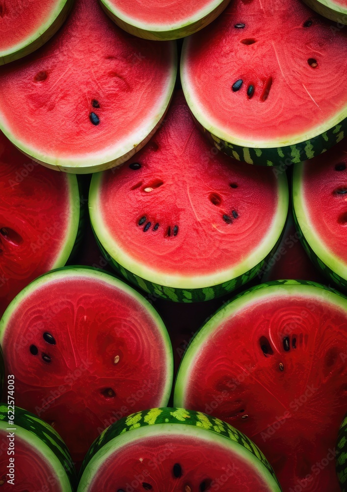 Close up of many fresh red watermelons background, summer healthy food. Generative Ai. Close up of many fresh red watermelons background, summer healthy food. Generative Ai.