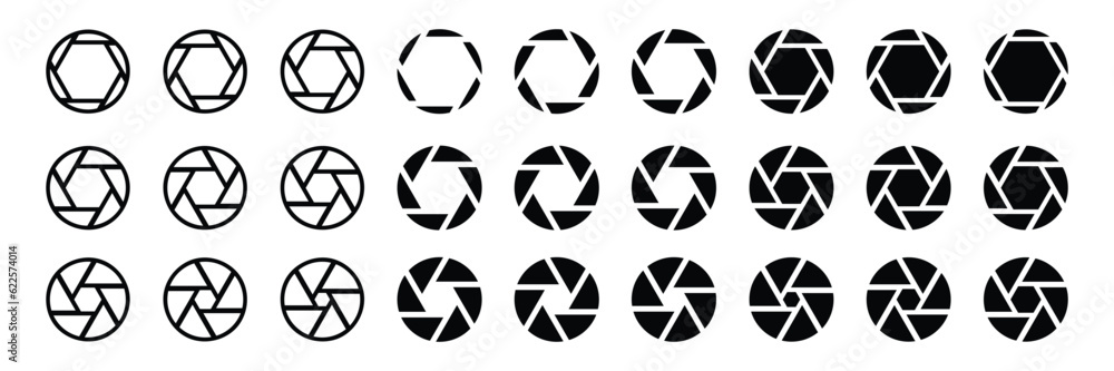 Camera shutter icons set. Camera lens diaphragm. Lens aperture, photo