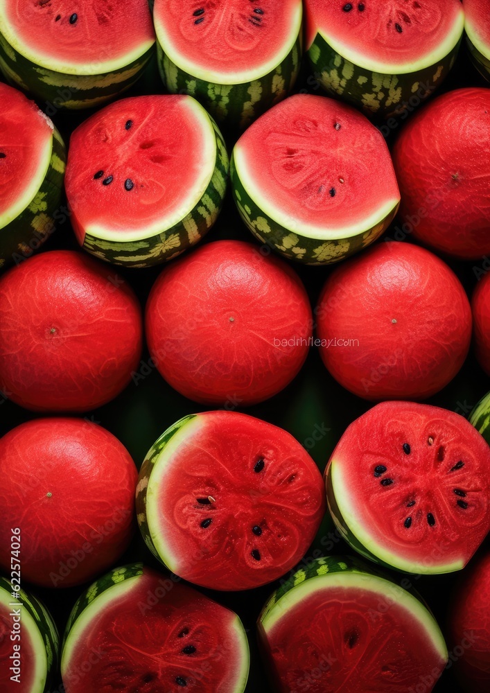 Close up of many fresh red watermelons background, summer healthy food. Generative Ai. Close up of many fresh red watermelons background, summer healthy food. Generative Ai.