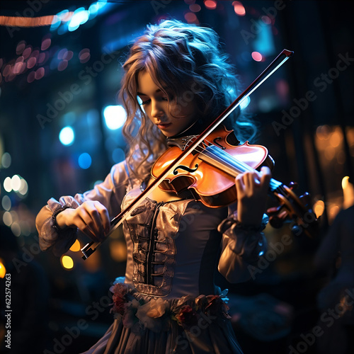a luxury woman playing violin in in the night city, fictional person created with generative ai