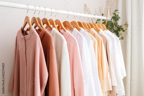 Stylish womans clothes hanging on a rack natural colors trending concept. Generative AI.