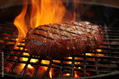  beef ribeye steak grilling on flaming grill