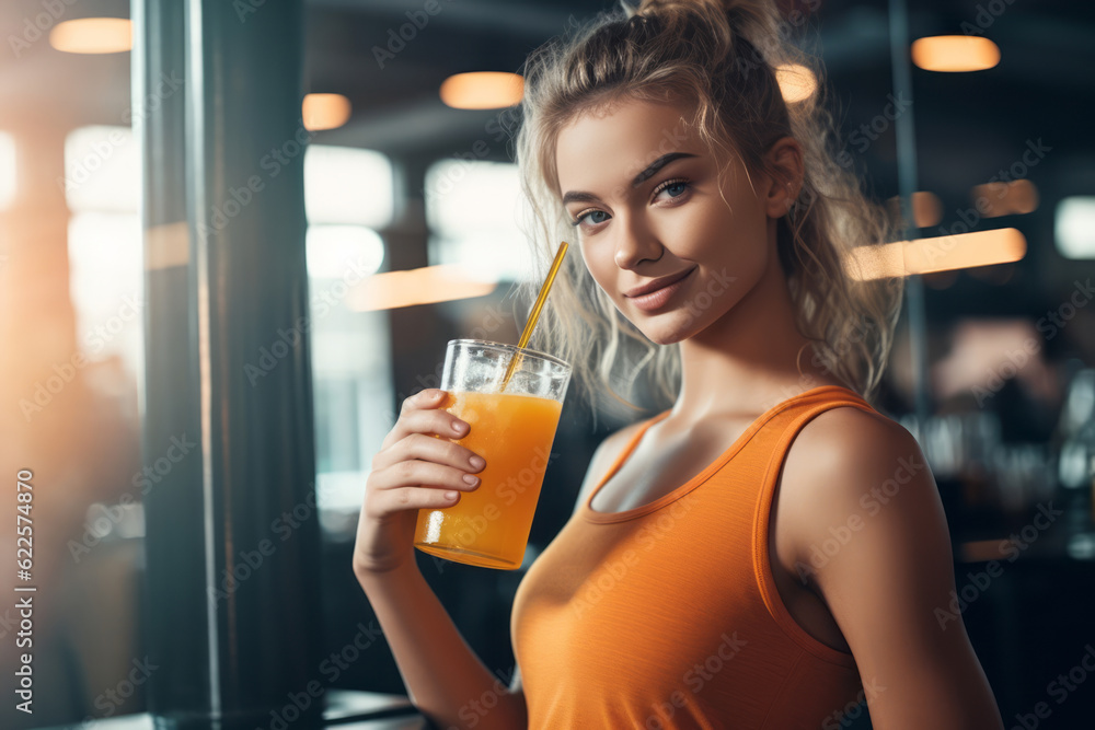 A fitness enthusiast in workout attire, taking a break to enjoy a revitalizing sip of orange juice, highlighting its role in a healthy and active lifestyle. Generative AI A fitness enthusiast in workout attire, taking a break to enjoy a revitalizing sip of orange juice, highlighting its role in a healthy and active lifestyle. Generative AI