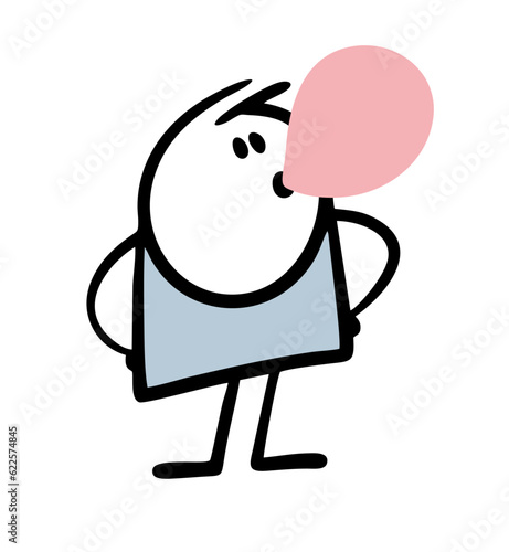 Funny hand drawn uncultured stickman inflates pink bubble of chewing gum. Vector illustration of a child prank.