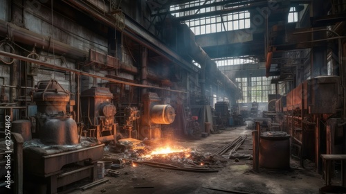 Forgotten Relics: Exploring the Abandoned Steel Factory's Haunting Interior, generative AI
