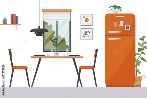 Retro colored kitchen interior. Vector illustration flat style.