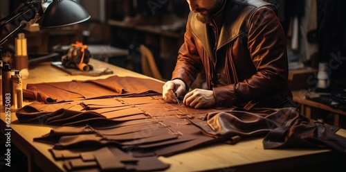 Leathersmith leather craftsman sewing. Generative AI