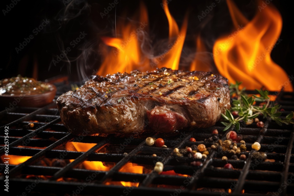 beef ribeye steak grilling on flaming grill beef ribeye steak grilling on flaming grill