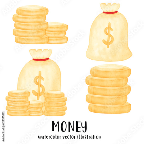 Money, money vector illustration, watercolor money, coins, bank, piggy bank, banking