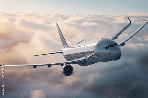 Airplane Flying in the Blue Sky. Travel and Transportation Concept with Copy Space