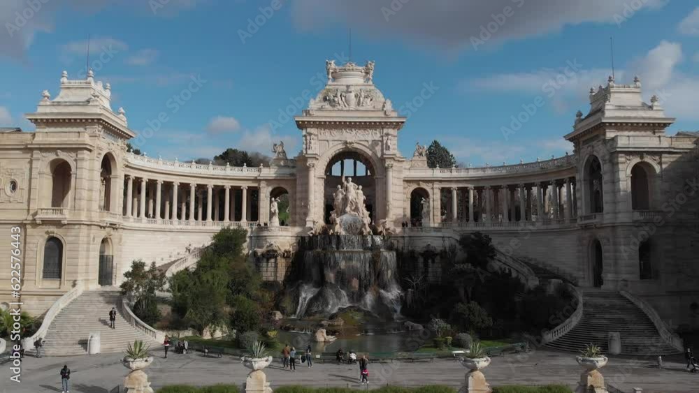Aerial view of Palace Longchamp with cascade fountain in the heart of Marseille Aerial view of Palace Longchamp with cascade fountain in the heart of Marseille