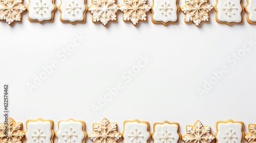  A top view of a minimalistic arrangement of snowflake-shaped Christmas cookies forming a square border, offering a delightful and sweet framing for your text or promotional content. Generative AI.