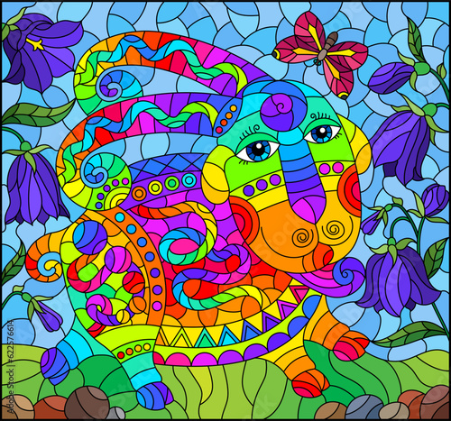 An illustration in the style of a stained glass window with a cute cartoon sheep on the background of a meadow, bell flowers and a blue sky