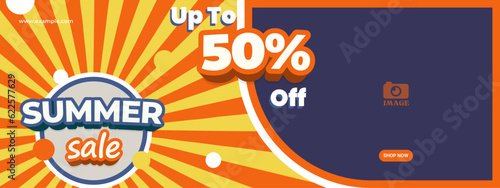 Summer sale banner. Template design for promotion with illustration of sunburst and bold lettering.