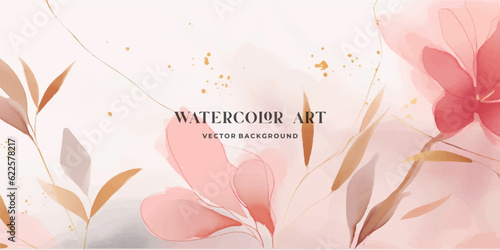 Abstract art botanical pink background vector. Luxury wallpaper with pink and earth tone watercolor  leaf  flower  tree and gold glitter. Minimal Design for text  packaging  prints  wall decoration.