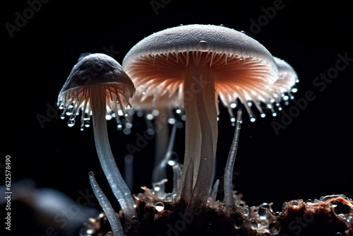 Close-up of glowing mushrooms in a mystical forest, blurred lights and dark background