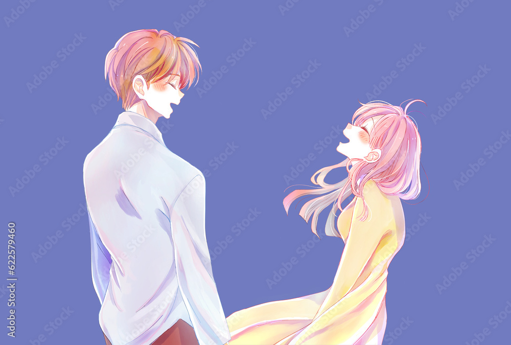 向かい合って笑う男女 向かい合って笑う男女
