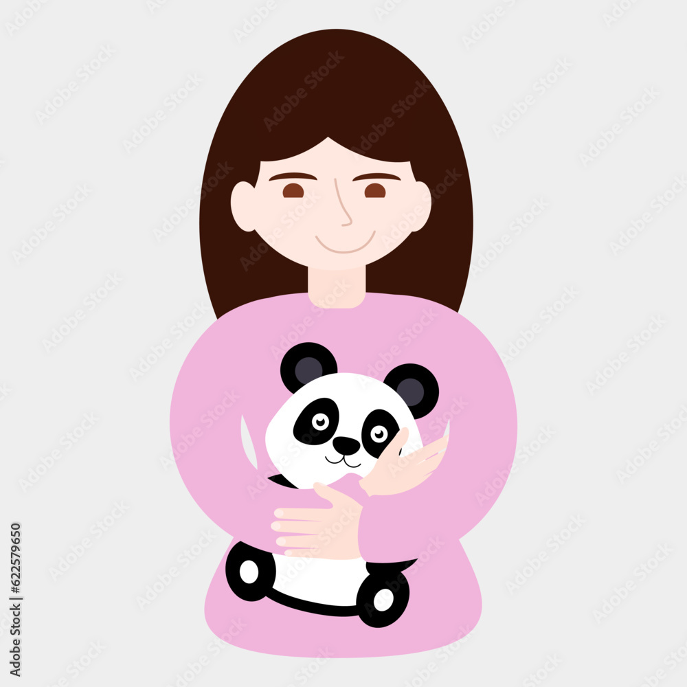 simple vector illustration girl with panda in hands