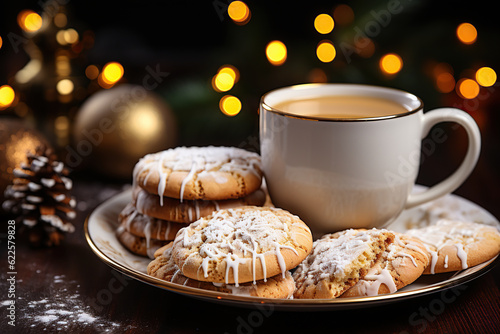 Christmas cookies and cocoa drink mig on the festive table, holiday time, geenrative ai photo